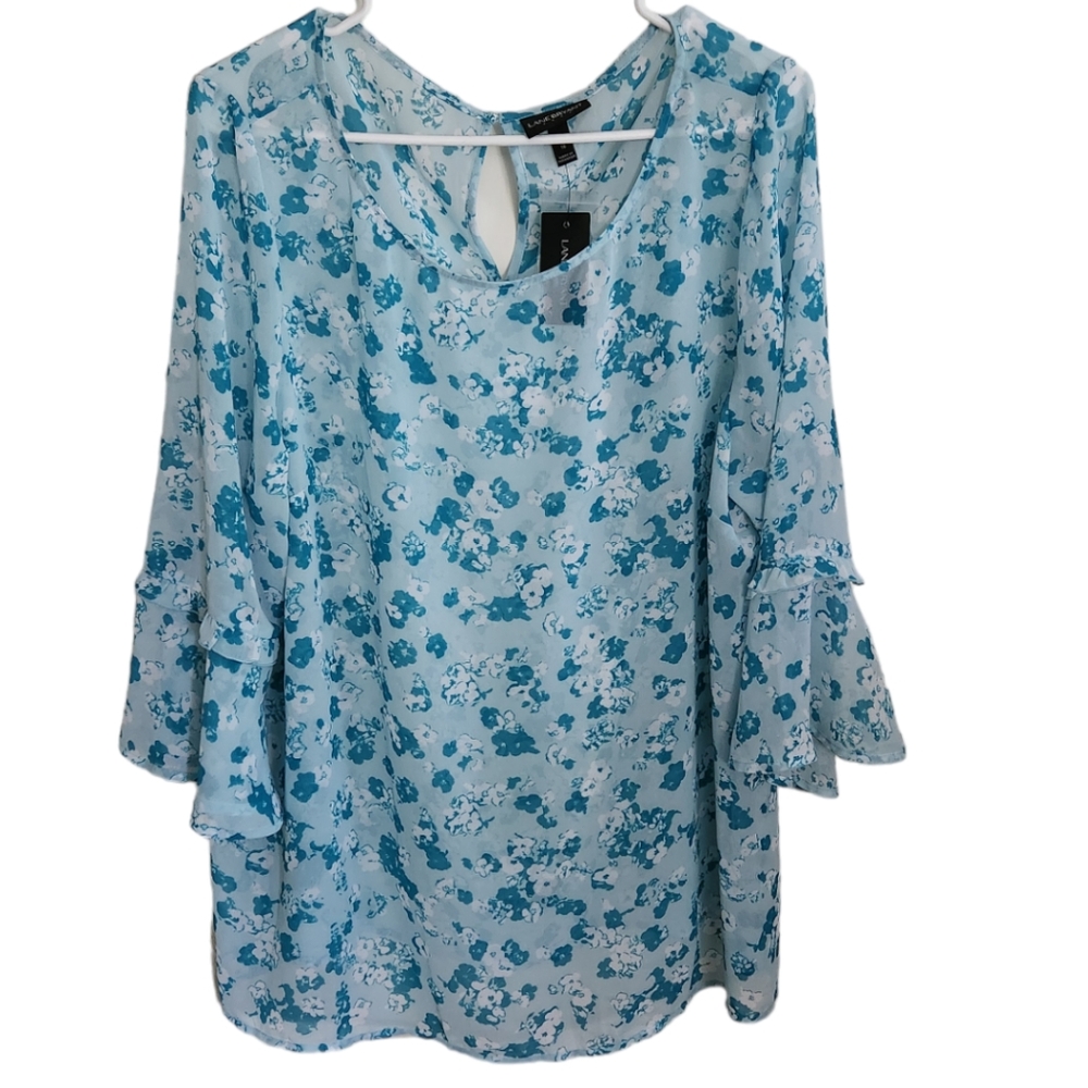 BNWT Lane Bryant Size 16 Blue Floral Semi Sheer Blouse Top